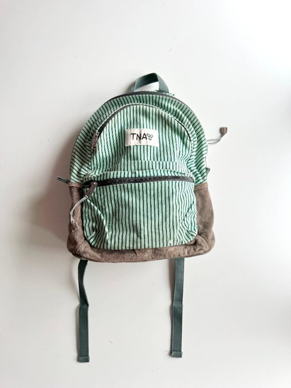 Vintage Aritzia TNA Turquoise Striped Cotton Canvas Grey Suede Backpack
